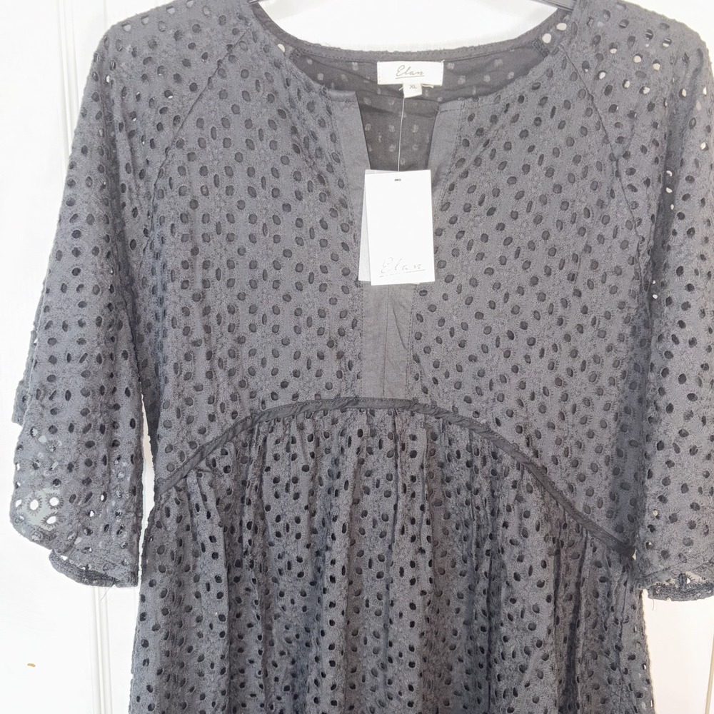 Elan‎ Black Eyelet Mini Dress XL Lined 3/4 Sleeve V-Neck Bloomingdale's Brand - Picture 3 of 8